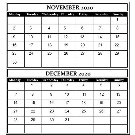 November December Printable Calendar